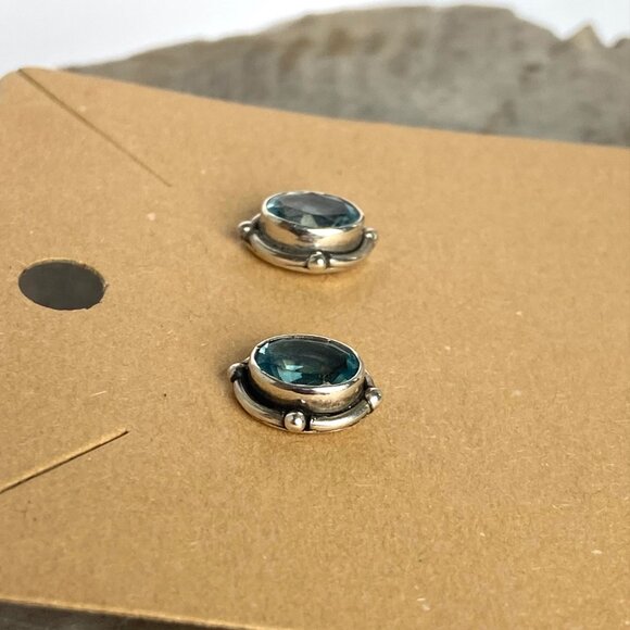 Sterling Silver 925 Dainty Bezel Set Oval Blue Cubic Zirconia CZ Stud Earrings - Picture 5 of 16